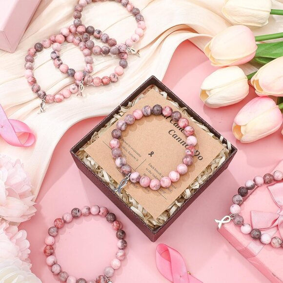 6 Pcs Pink Beaded Breast Cancer Awareness Bracelets Natural Stone Gifts - Picture 5 of 6